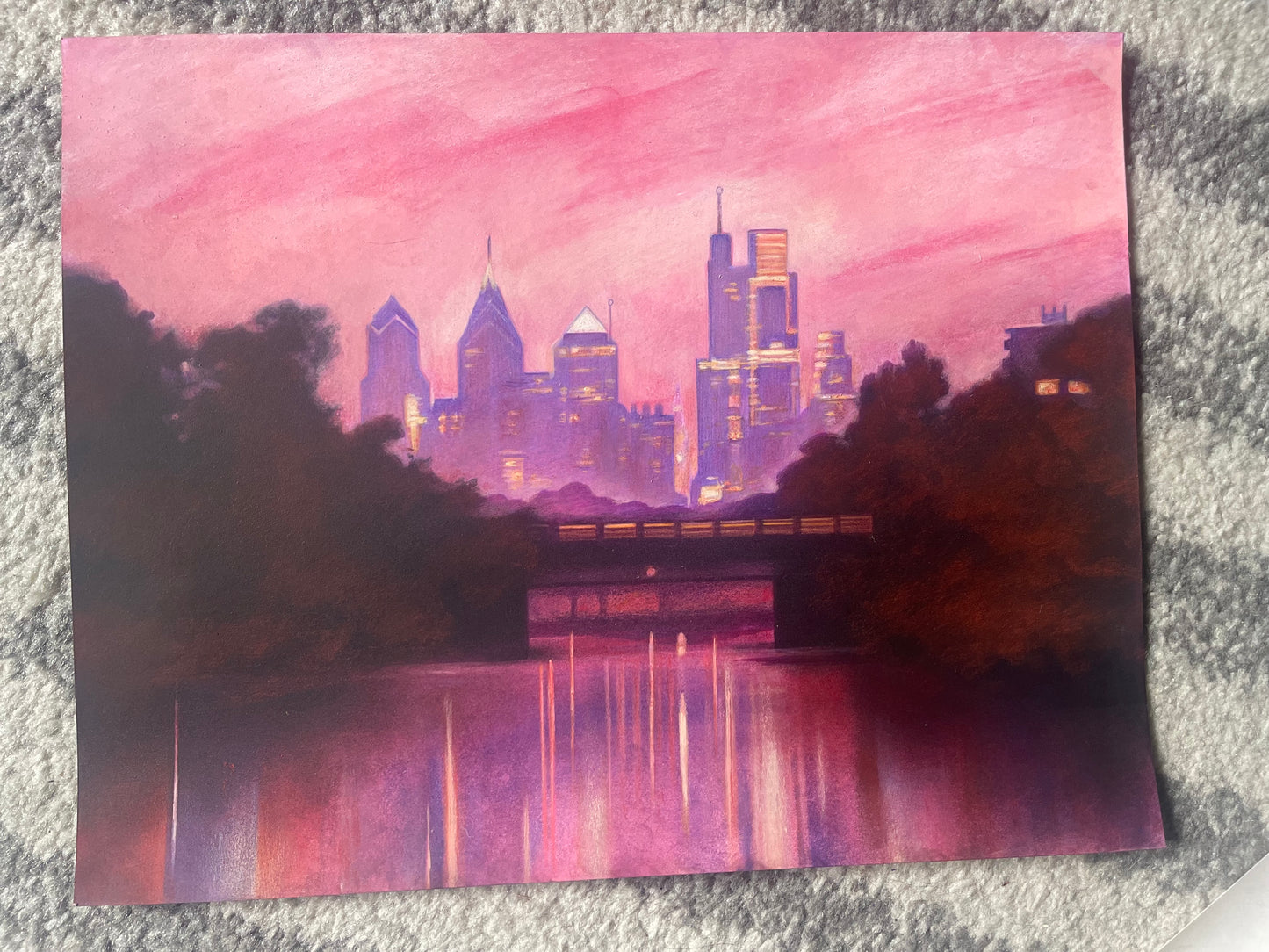Philly skyline, original drawing, 11x14in